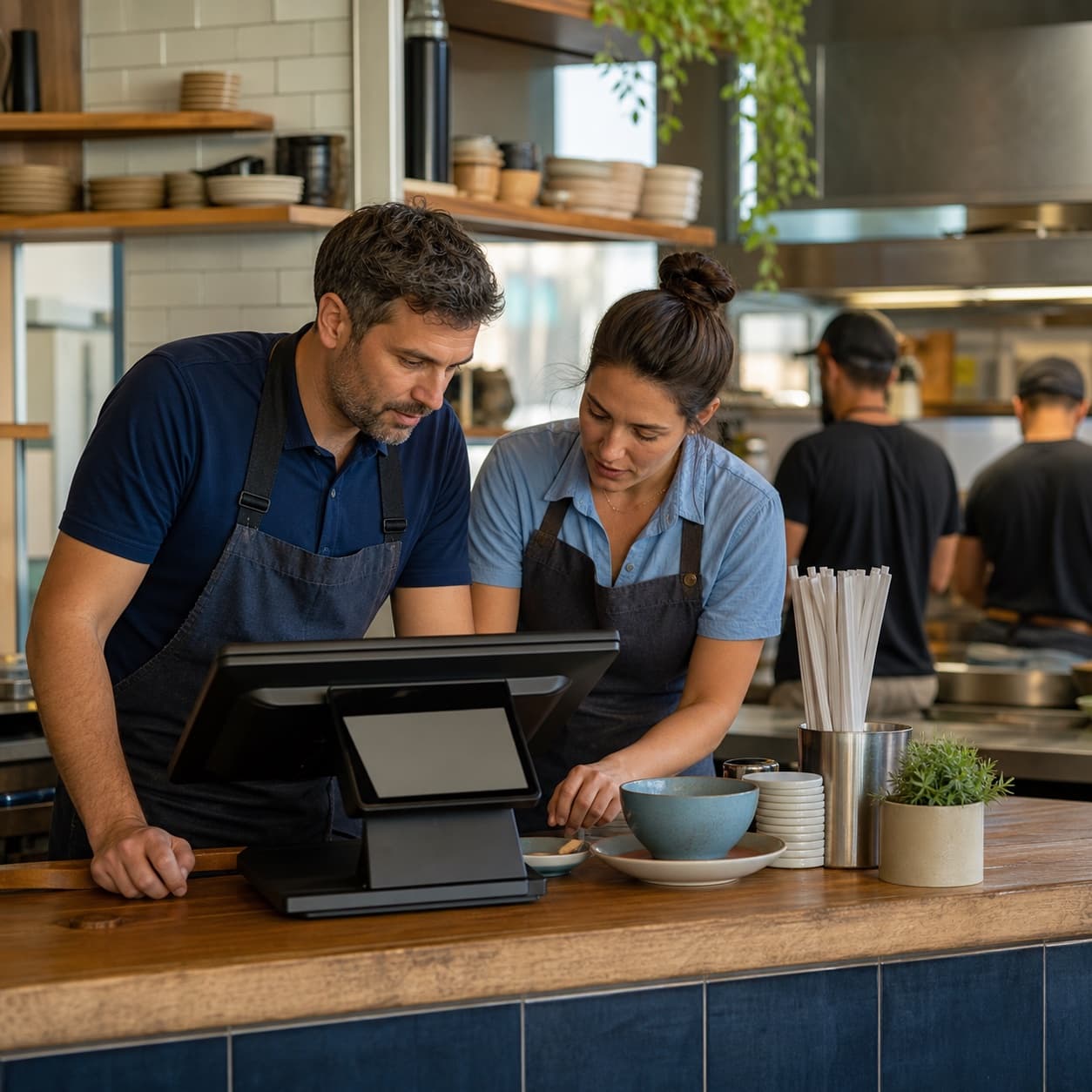 Independent restaurant owner and staff member reviewing an order together at the counter